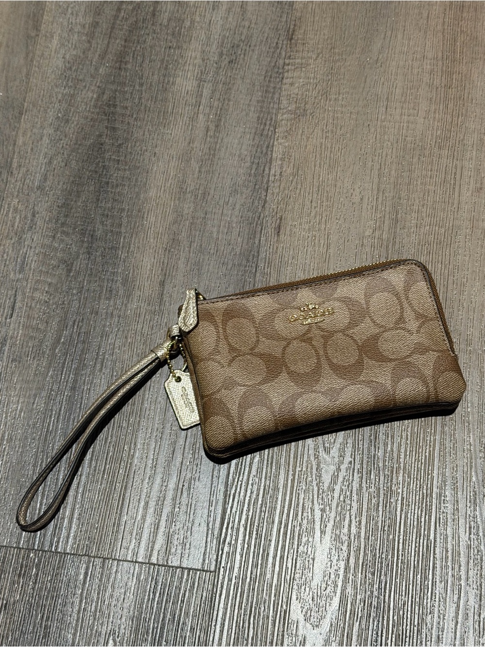 Coach Brown Signature Zip Wristlet with Gold Hardware